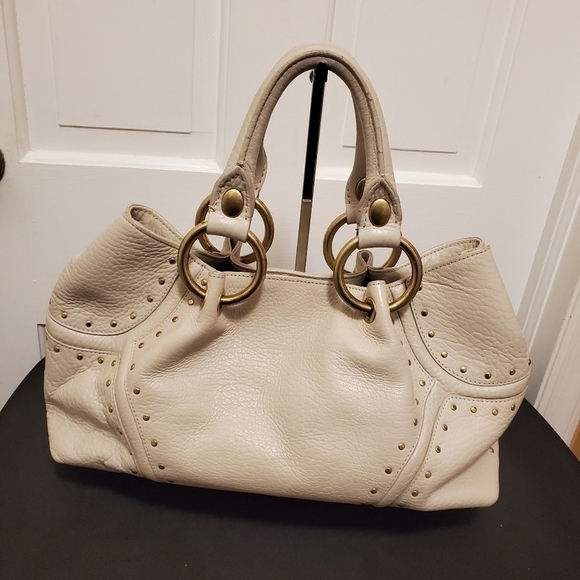 Kenneth Cole Ivory Pebble Grain Leather Studded Satchel - Picture 1 of 7